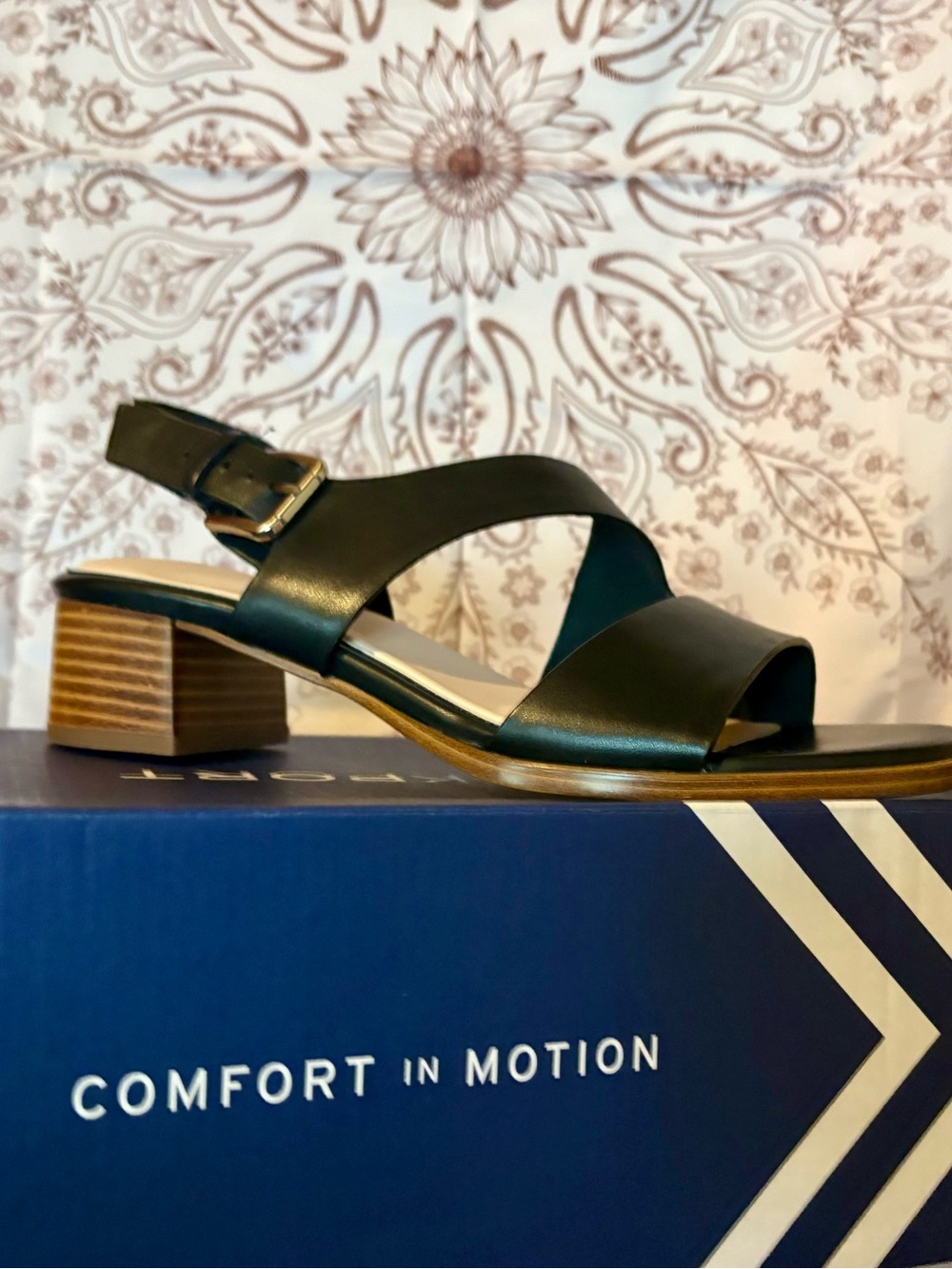 Rockport Black Leather Slingback Sandal with Low Stacked Heel